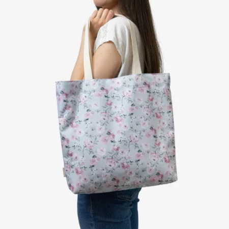 Szara torba na zakupy, wodoodporna w różowe kwiaty.